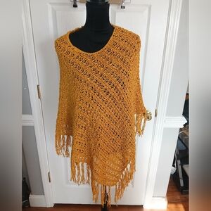 Chicos Mustard Crochet Fringe Poncho Open Weave Sweater Boho Indie Layering
